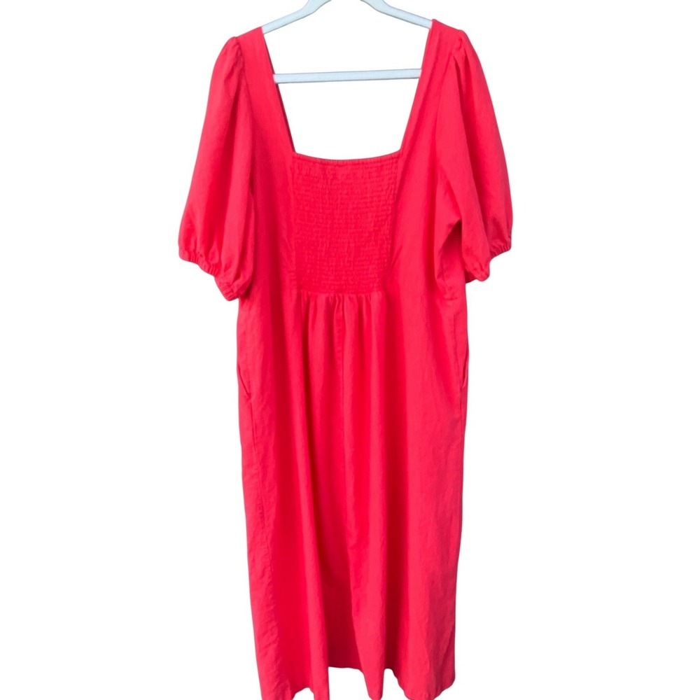 XXL Tall Old Navy Linen Blend Dress Puff Sleeve Button Front Midi Smocked Red - Picture 8 of 9